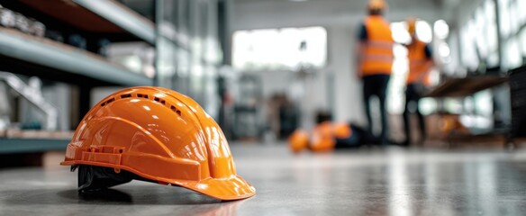 The hard hat in a busy industrial workshop with workers in background