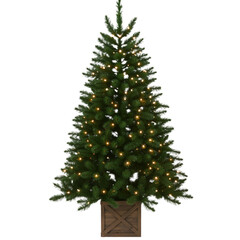 Fototapeta premium Pre-Lit Artificial Christmas Tree in Wooden Planter – Modern, Cozy Holiday Centerpiece with Warm Glow