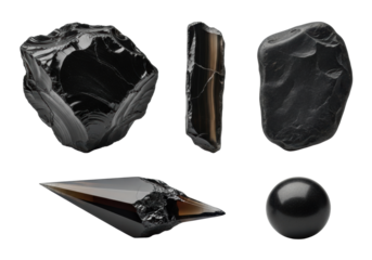 Five distinct, raw, deep matte black obsidian shards, on transparent background, soft studio light, extreme macro still life. Concept of primal geological power