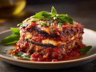 Baked eggplant parmesan layering with mozzarella and tomato sauce