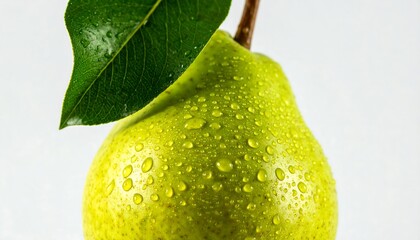 Fresh Green Pear with Leaf and Water Droplets Close-Up.