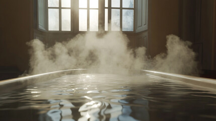 Hyperrealistic image of warm bathwater releasing steam, with a fogged window in the background, evoking relaxation, comfort, and cozy indoor atmosphere.