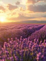 Fototapeta premium A breathtaking expanse of lavender fields under a golden sunset sky, evoking a sense of tranquility and natural beauty.