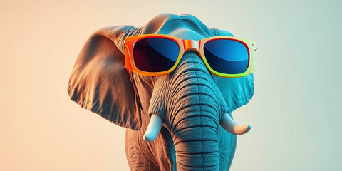 A humorous close-up portrait of a gray elephant wearing bright orange sunglasses against a solid light background