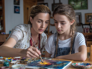 Fototapeta premium Mother and daughter painting together, learning art techniques