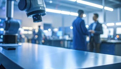 Fototapeta premium Industrial robot arm in laboratory with engineers in background illustrating automation, innovation in manufacturing, robotics research and high tech collaboration in industry