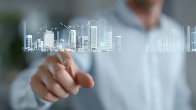 An investor engages with a cutting-edge real estate dashboard displaying rental trends and occupancy rates, representing market forecasting, asset management, and digital property