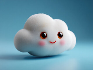 Fluffy cartoon cloud character smiling on blue background