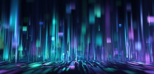 abstract background with glowing digital blocks and lines in blue, green, and purple colors on a dark black backdrop Generative AI