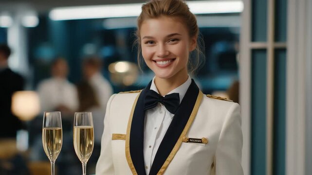 female butler showing serene confidence while serving champagne at gala event, emotion of calm authority radiating, representing empowerment, emotional poise, and mastery of elite presentation s