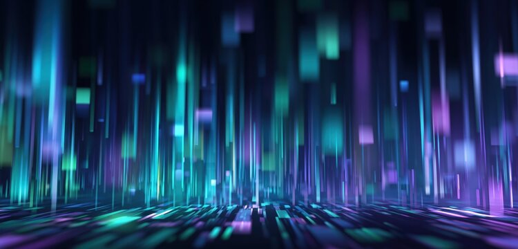 abstract background with glowing digital blocks and lines in blue, green, and purple colors on a dark black backdrop Generative AI