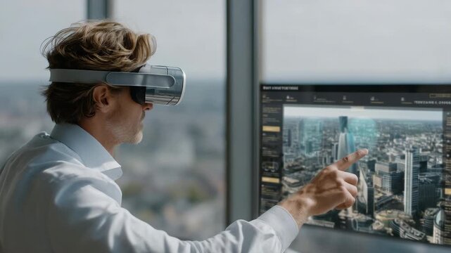 investor comparing high-rise commercial buildings in vr interface, symbolizing portfolio diversification, risk assessment, and futuristic real estate investment visualization