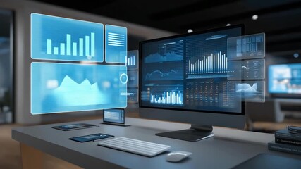 Minimalist workspace with sleek desk, floating holographic displays projecting charts and data, surrounded by smart gadgets, wireless devices, and ambient lighting, symbolizing futuristic - Powered by Adobe
