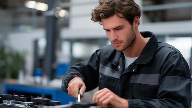 Mechanics using pneumatic tools to assemble or disassemble vehicle components showcase efficiency, industrial-grade equipment, technical skill, and modern workshop practices. three-quarter wide