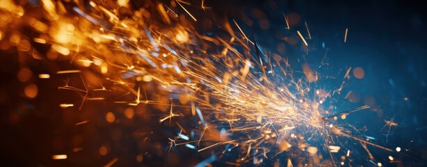 The sparks from an angle grinder flying across a dark industrial workshop background