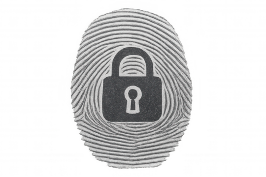 Fingerprint with padlock illustrating security, identity protection, biometric access, and data privacy concept