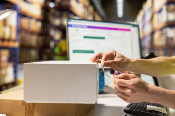 Close up of asian logistics worker at a packing station applying adhesive air waybill, managing order tracking with shipment details on labels. Large-scale e-commerce product distribution.
