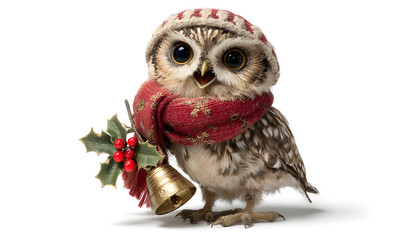 Naklejka premium holiday owl, round eyes, wearing red scarf, holding golden bell, holly berry accents, isolated center on solid white background, high detail, professional product photo style