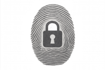 Fingerprint featuring a lock icon symbolizing biometric authentication, data security, personal privacy, and access control. Transparent background