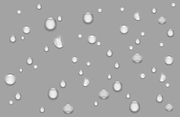 Water drop different shape realistic vector background. Droplet splash, glass drip surface, liquid texture. Clean rain, wet shower. Shiny raindrop backdrop. Condensation on window illustration. 