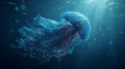 Hyperrealistic trash bag floating underwater resembling a jellyfish highlighting environmental pollution ocean waste and marine ecosystem impact with dramatic light and surreal visual composition