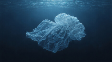 Hyperrealistic trash bag floating underwater resembling a jellyfish highlighting environmental pollution ocean waste and marine ecosystem impact with dramatic light and surreal visual composition