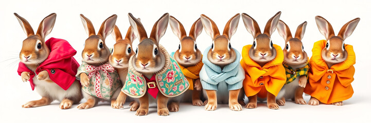 A row of adorable brown rabbits dressed in various colorful winter jackets and cozy outfits standing against a plain white background