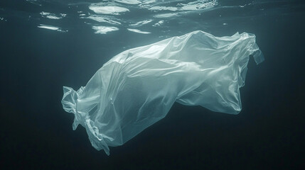 Hyperrealistic trash bag floating underwater resembling a jellyfish highlighting environmental pollution ocean waste and marine ecosystem impact with dramatic light and surreal visual composition