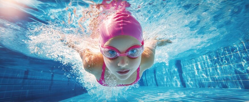 The swimmer in pink cap gliding underwater toward the camera in pool
