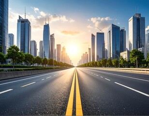 Obraz premium Cityscape at Sunset - Urban Road Leading to Skyline.