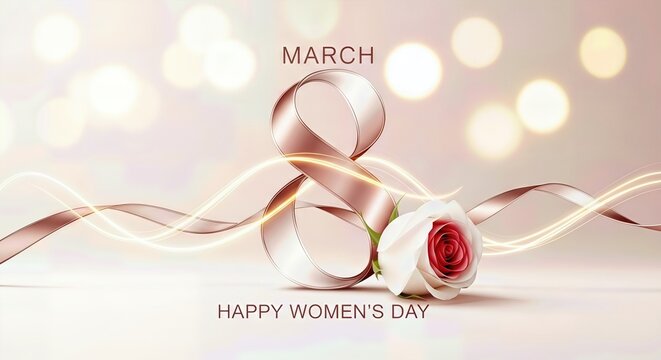 International Women's Day, March 8, an elegant festive greeting, featuring a delicate white rose with a shimmering flowing ribbon forming the 8, luminous soft bokeh background.