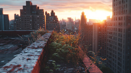 Hyperrealistic urban rooftop garden bathed in warm sunset light with lush greenery and city skyline in the background creating serene atmosphere and contemporary architectural contrast