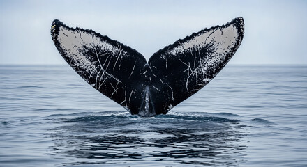 Fototapeta premium Humpback whale tail emerges in gray ocean, a majestic farewell and symbol of wild freedom