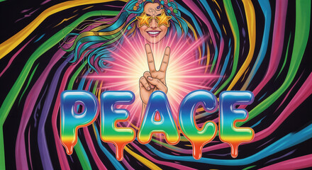 Obraz premium Hippie Icon and word PEACE Colorful psychedelia smiling woman and V sign Pop Art celebration of love freedom and 70s counterculture