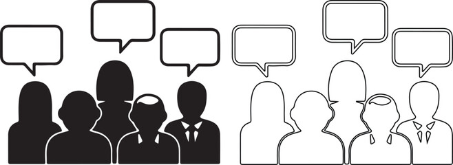 Group of people communicating with speech bubbles in a meeting showing diverse opinions and discussions in a collaborative environment