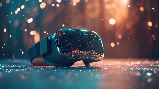A VR headset rests on a wooden desk, reflecting subtle particles, representing virtual reality technology, immersive experiences, and modern digital entertainment. - Powered by Adobe