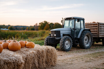 Obraz premium Orange Pumpkins Arranged on Straw Bales with Gray Tractor During Golden Hour Harvest