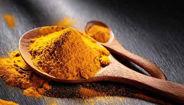 Turmeric Powder Spices In Wooden Spoons