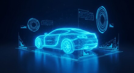 Futuristic digital hologram car design with data interfaces in blue neon