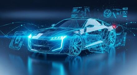 Futuristic holographic sports car design concept with digital interface