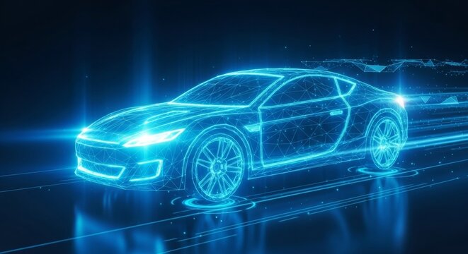 Futuristic holographic sports car concept with neon blue digital grid design - Powered by Adobe