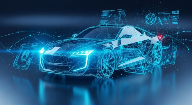 Futuristic holographic sports car design concept with digital interface