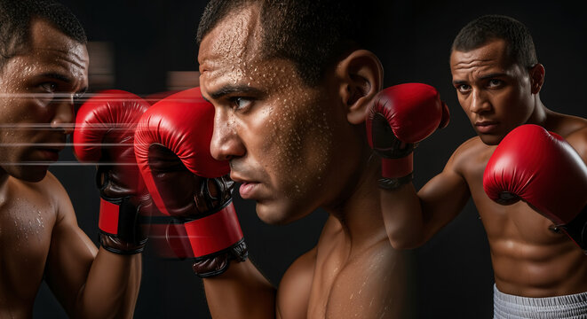 Intense Boxing punch in motion Sweaty boxer red gloves Triple shot illustrating action dedication strength and speed.