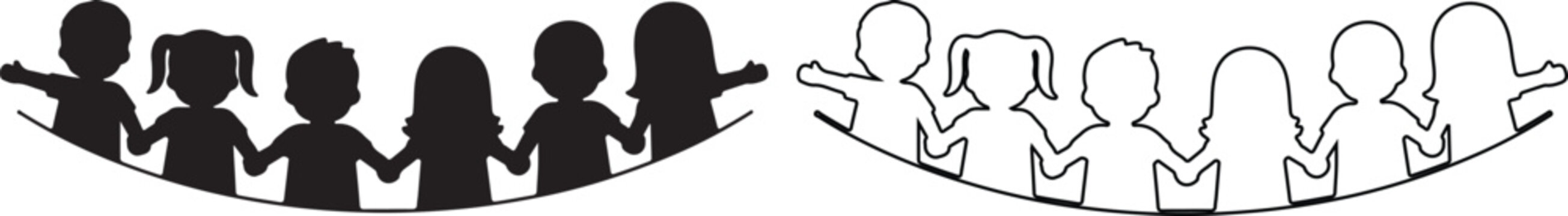 Silhouette and outline of children holding hands symbolizing unity and friendship ideal for educational or communitythemed projects and designs