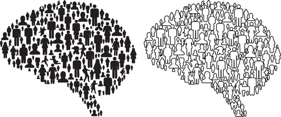 Human brains formed by people silhouettes represent collective intelligence and social connections in black and white illustration