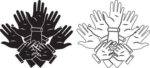 Diverse hands raised together symbolizing unity collaboration and support in a black and white graphic illustration for teamwork and community projects