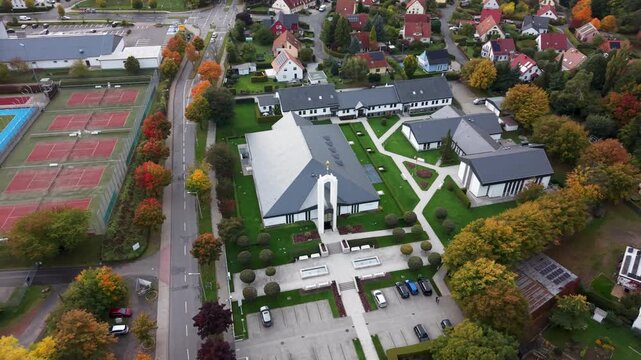 Aerial Freiberg Germany city LDS Temple front circle. The Church of Jesus Christ of Latter-day Saints, LDS or Mormon religion. Urban and rural neighborhood. Christian religious groups. European.