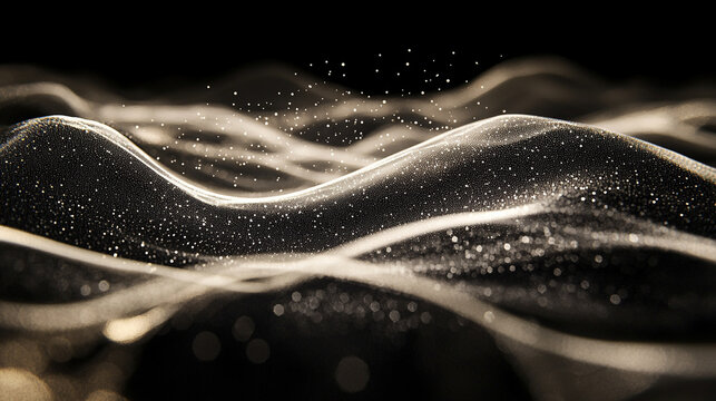 White gold and silver digital wave of particles flowing across dark background symbolizing futuristic technology data movement AI intelligence and interconnected communication systems in modern abstra