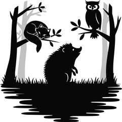 Forest Animals Silhouette Vector Set: Fox, Owl, and Hedgehog Clipart

