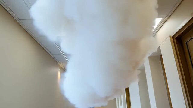 Thick white smoke and flames burst from a ceiling vent in a hallway, indicating a building emergency.